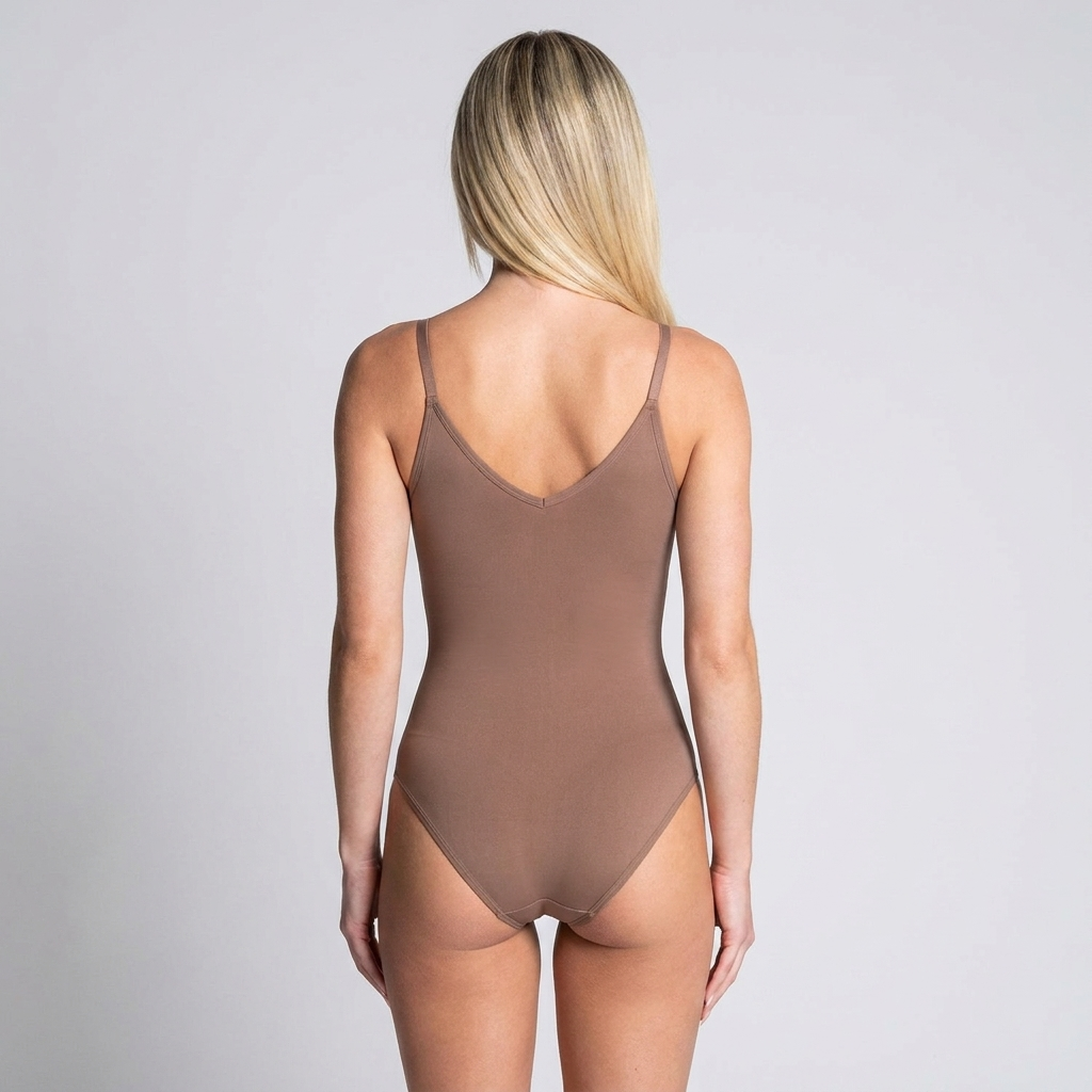 Vellara smoothing thong bodysuit back view on model