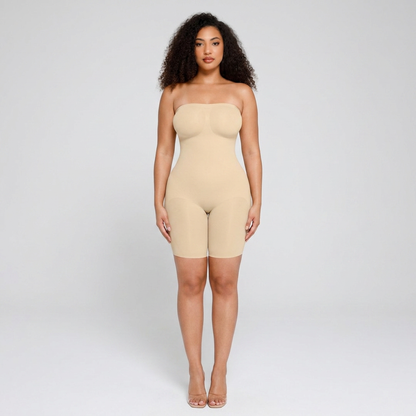 Model wearing the Novelle strapless bodysuit, front view